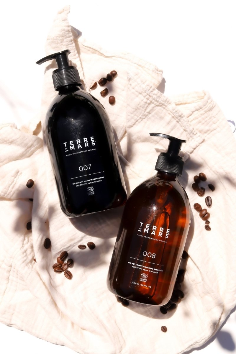 Coffee-infused organic skincare collection, natural face creams, antioxidant cleansers, body scrubs French botanical skincare